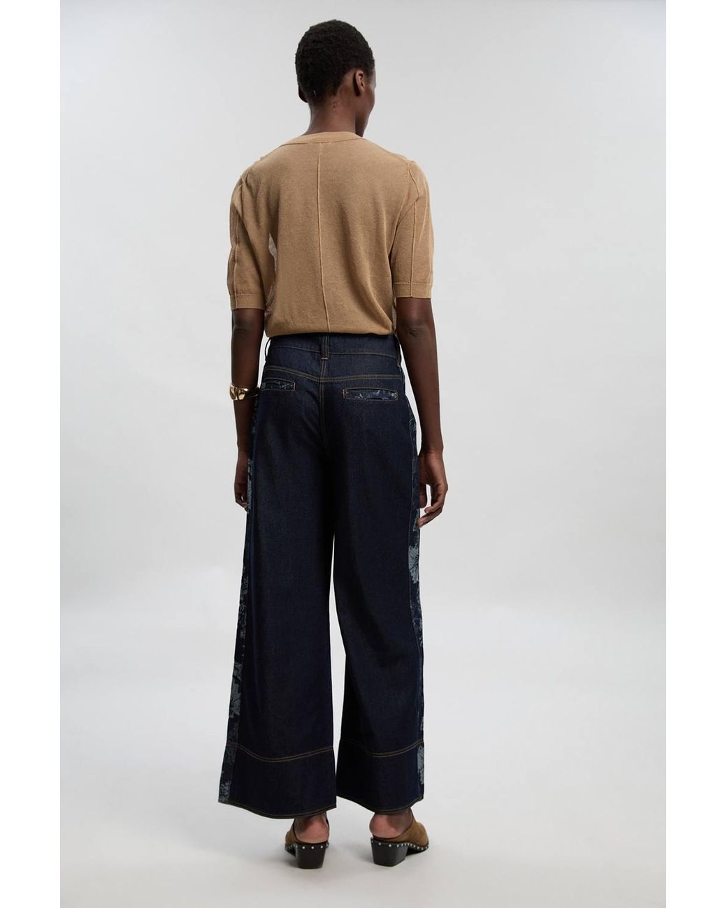Karen Millen Black Petite Denim & Jacquard Contrast Wide Leg Jeans