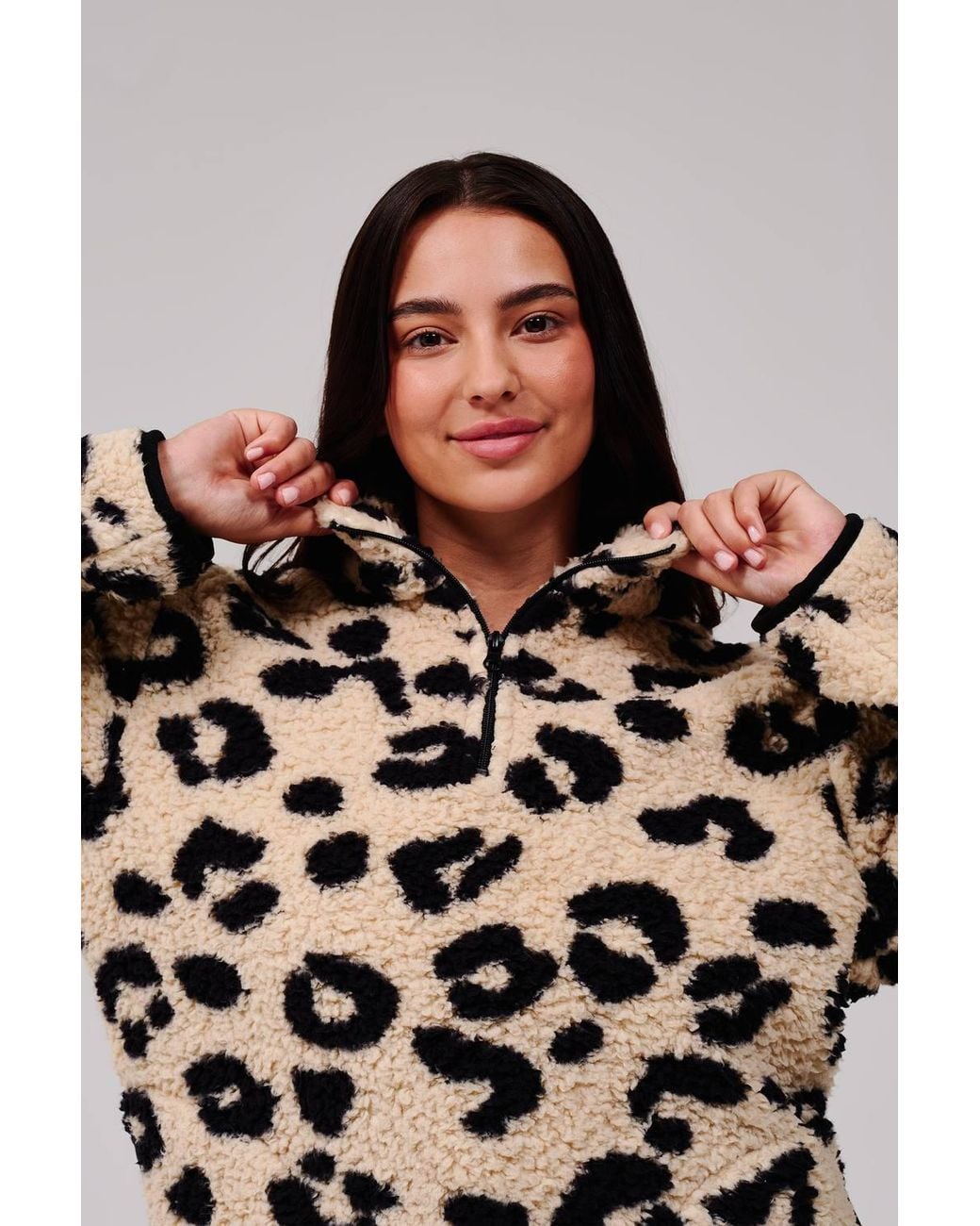 Loungeable Blue Leopard Print Cosy Borg Fleece Quarter Zip Lounge Jumper