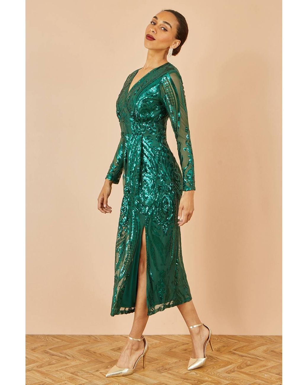 Yumi' Green Sequin Midi Wrap Dress W/ Split Hemline & Long Sleeves