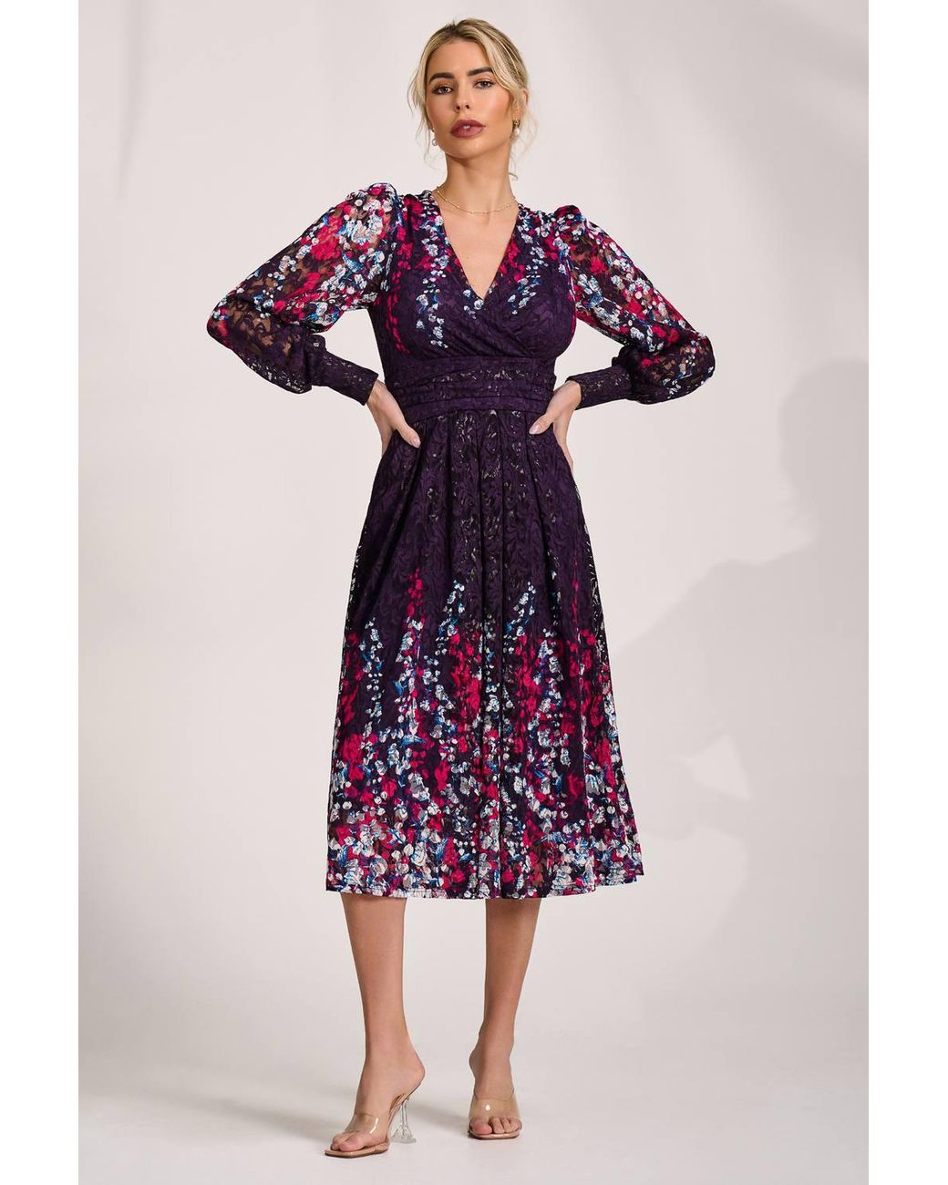 Jolie Moi Purple Long Sleeve Printed Lace Midi Dress