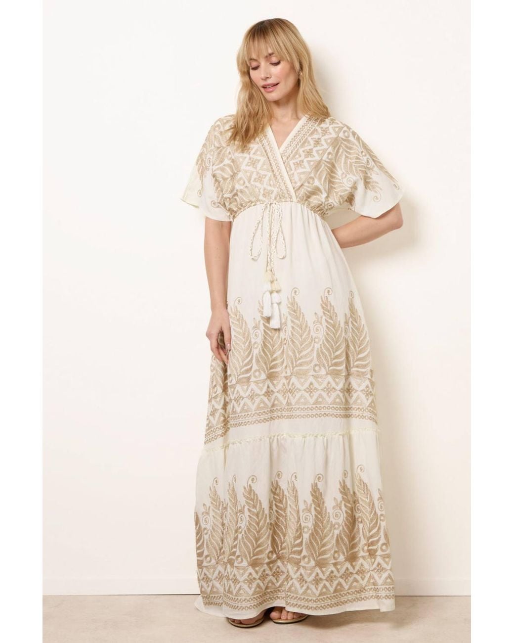 Blue Vanilla Natural Elasticated Waist Short Sleeve V-Neck Maxi Dress