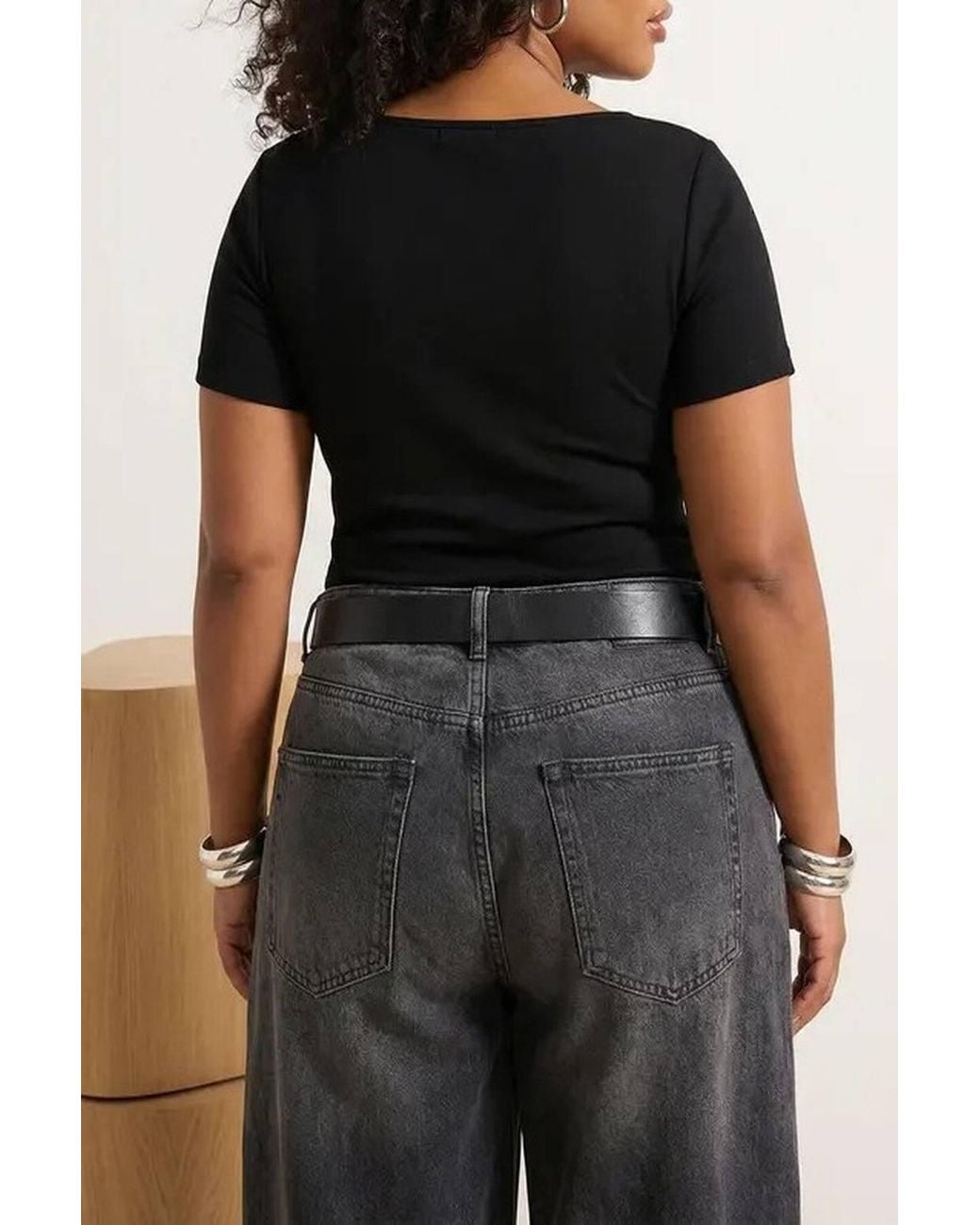 WOVCOR Black Ribbed Button Detail Short Sleeve Fitted Top