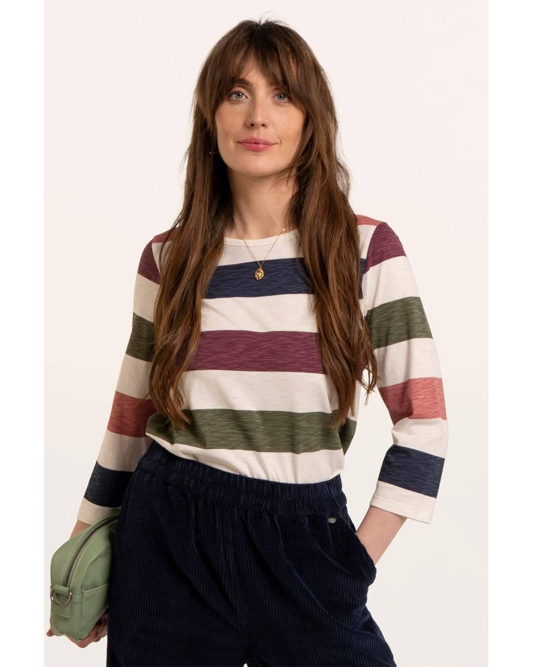 Brakeburn Blue Lulworth Multi Colour Stripe 3/4 Sleeve T-Shirt