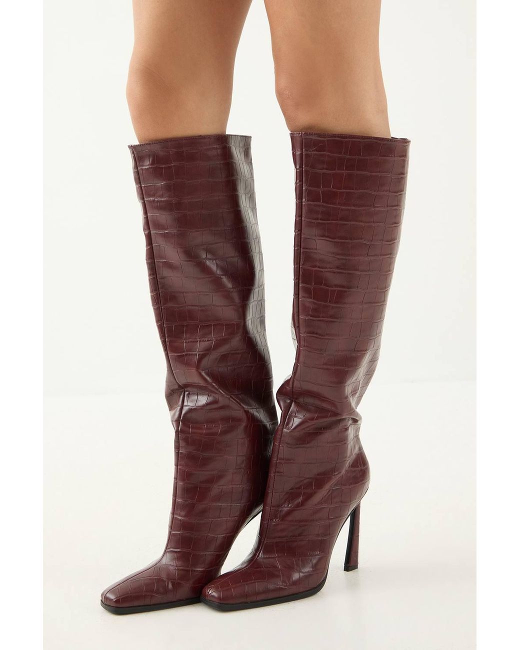 MissPap Faux Croc Leather High Flared Stiletto Heel Knee Boots
