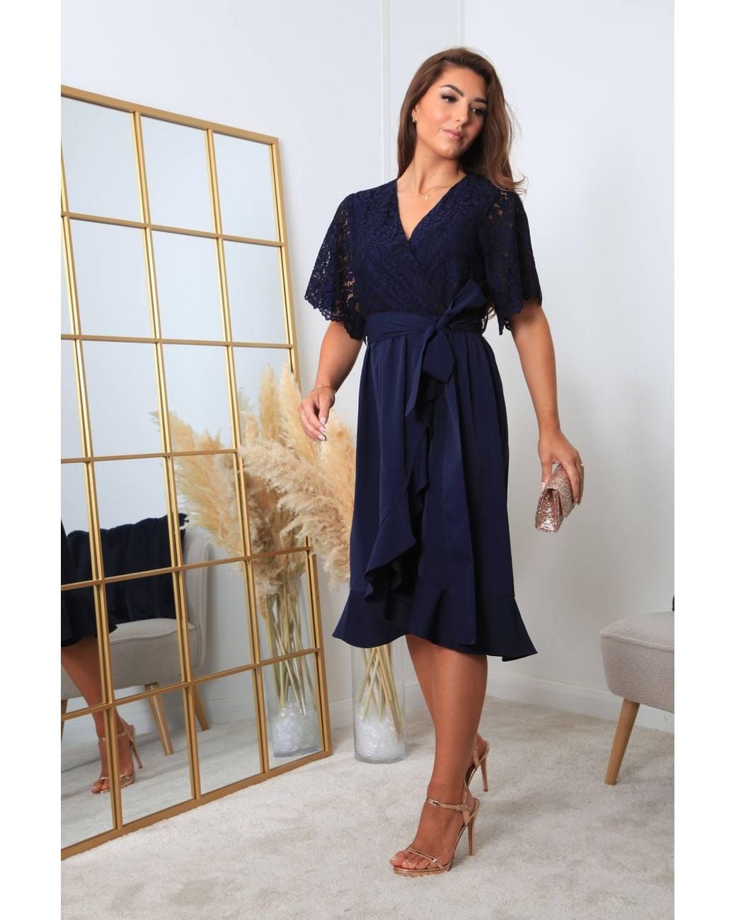 Double Second Blue Wrap Lace Dress W/ Frill Hem