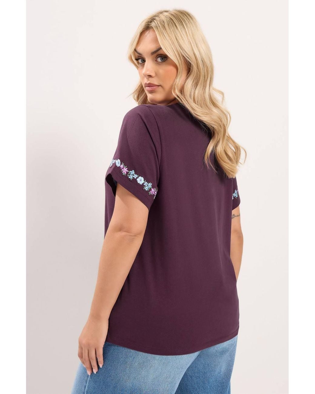 Yours Purple Embroidered Floral Sleeve Detail T-Shirt