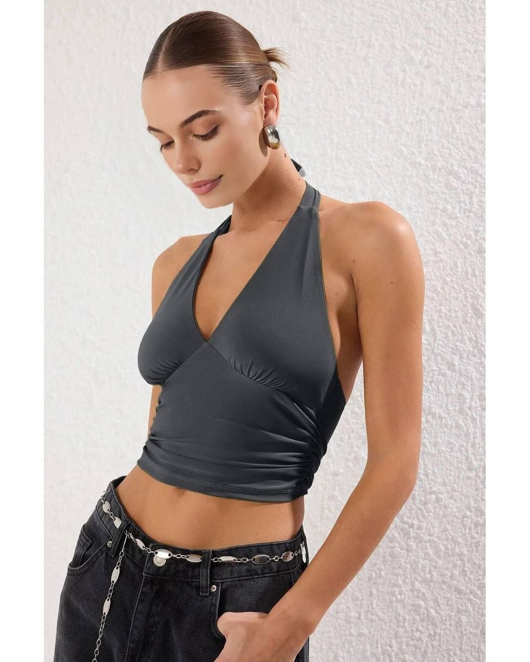 WOVCOR Gray Halter Neck Ruched Side Crop Top