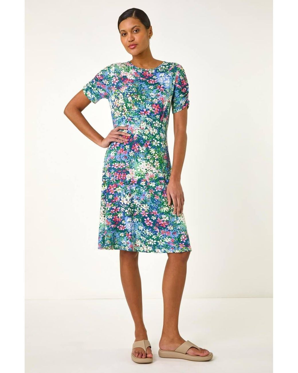 Roman Blue Ditsy Floral Print Stretch Short Dress