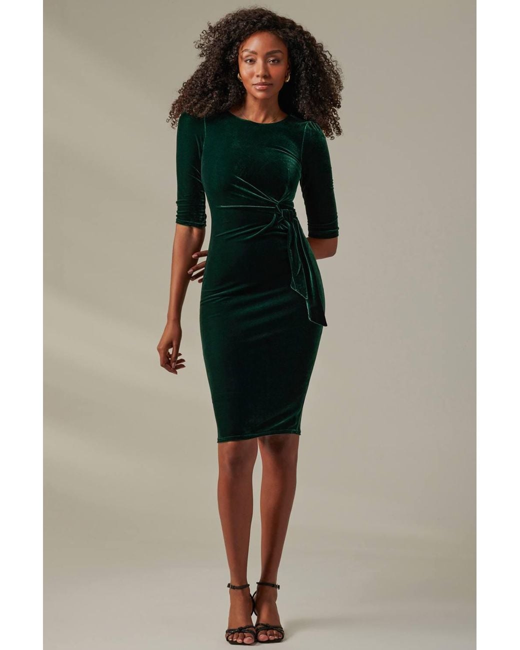 Jolie Moi Green Velvet Side Tie Midi Dress