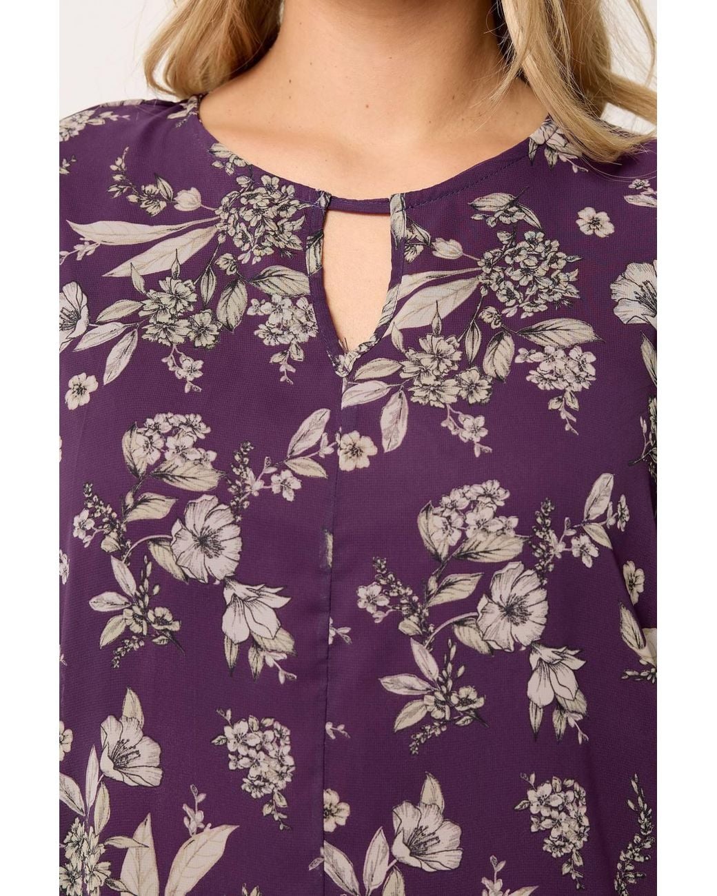 Yours Purple Floral Print Keyhole Detail Top
