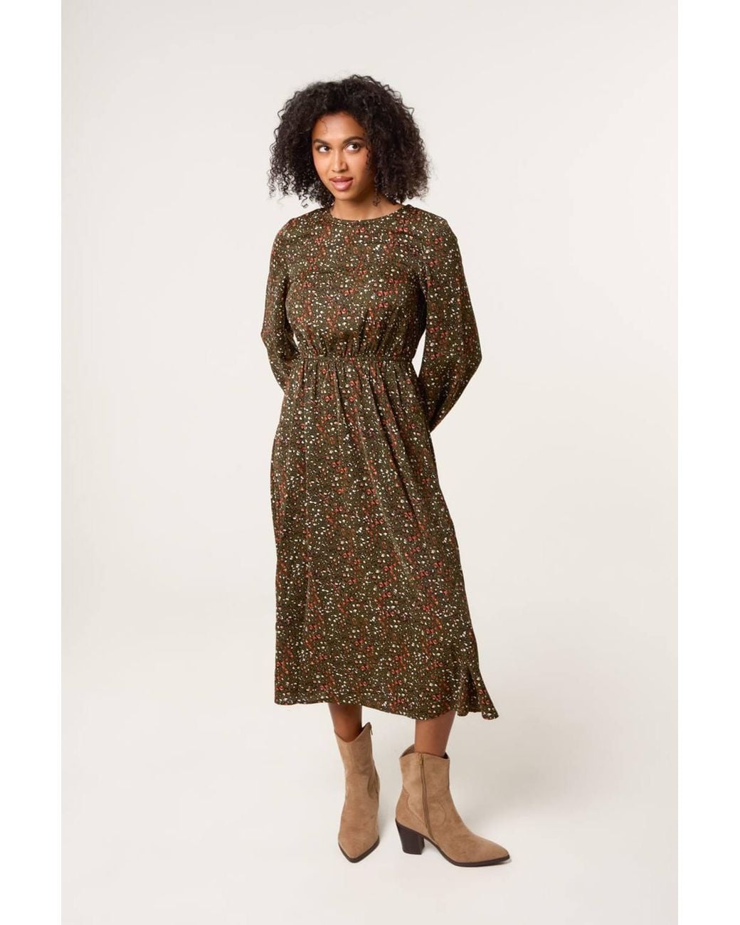 Blue Vanilla Natural Elasticated Waist Long Sleeve Round Neck Midi Dress