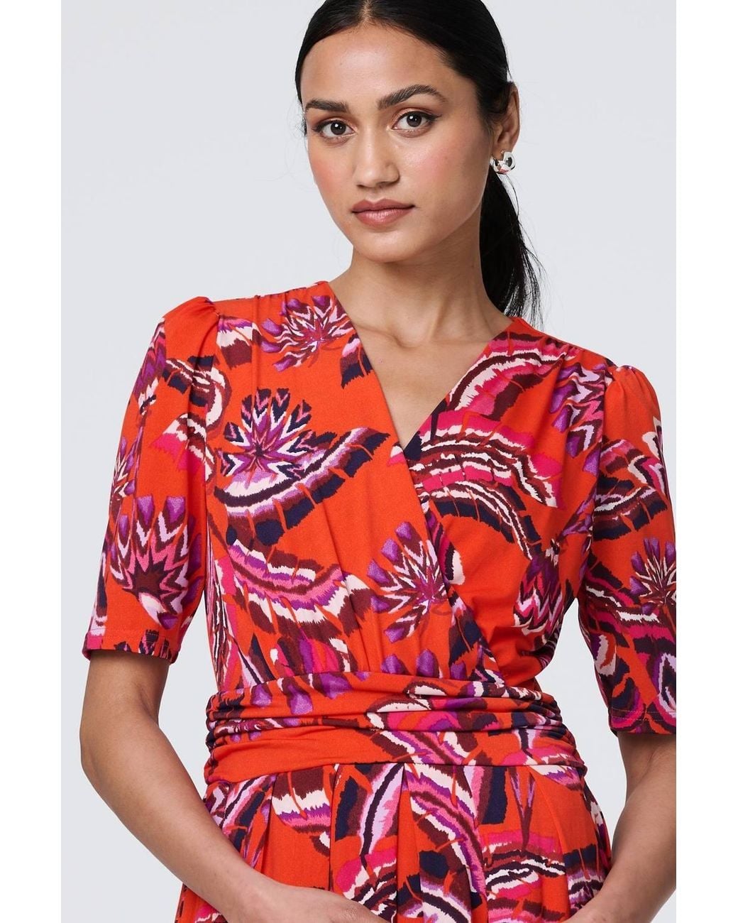 Izabel London Red Tropical Print Faux Wrap Midi Dress