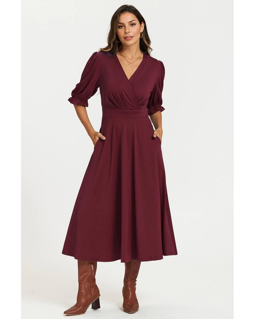 FS Collection Red Half Sleeves Jersey Midi Dress With Wrap Neckline