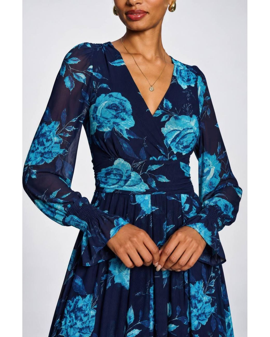 Jolie Moi Blue Long Sleeve V Neck Mesh Maxi Dress