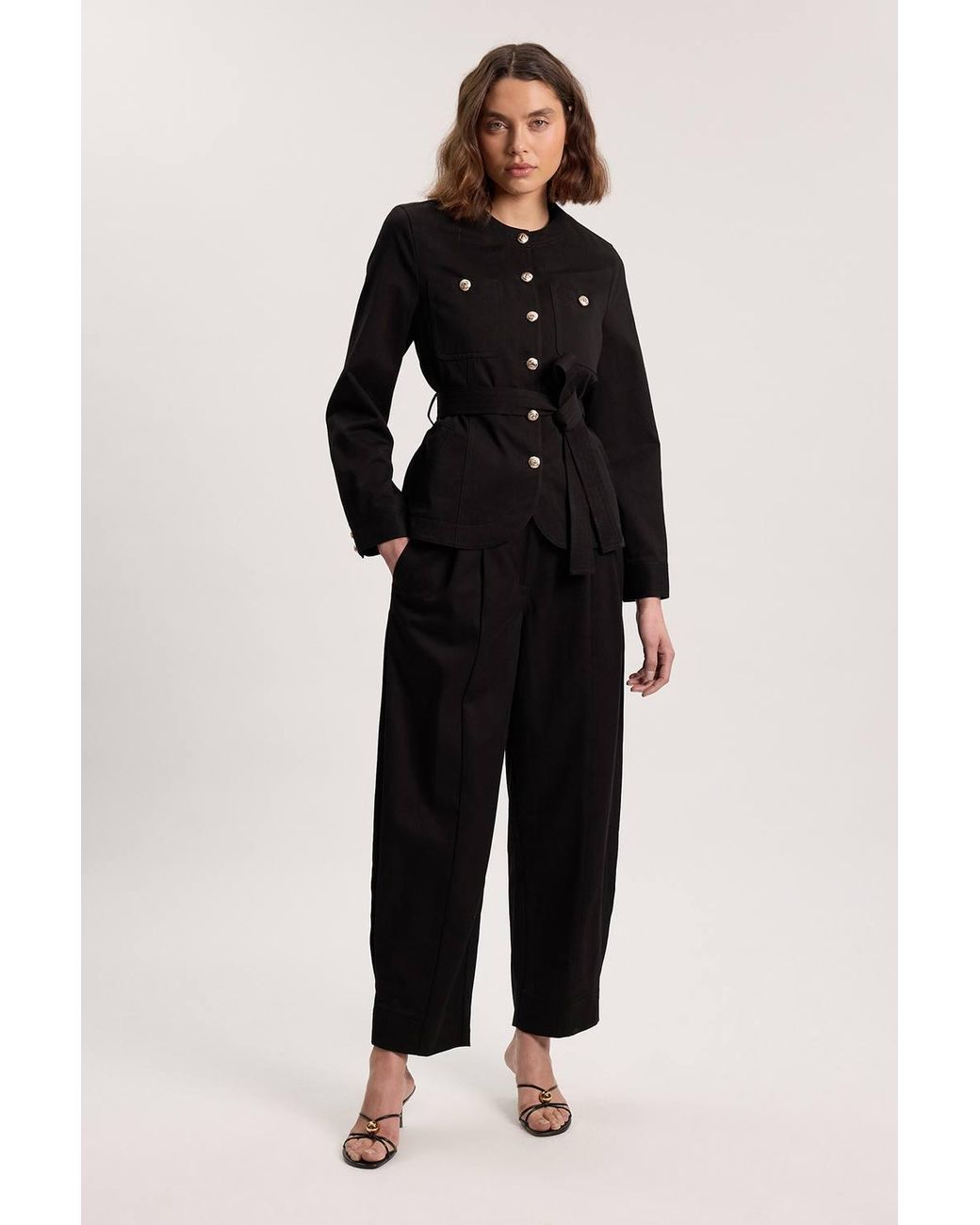 Karen Millen Black Cotton Utility Button Detail Tie Waist Shirt
