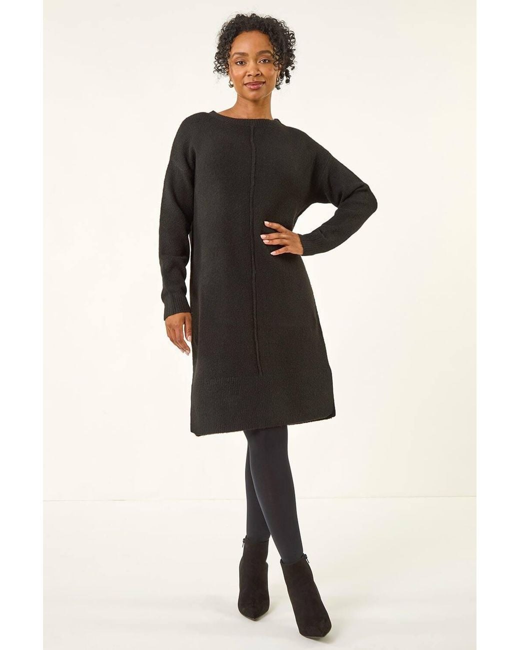 Roman Black Petite Knitted Pintuck Shift Dress