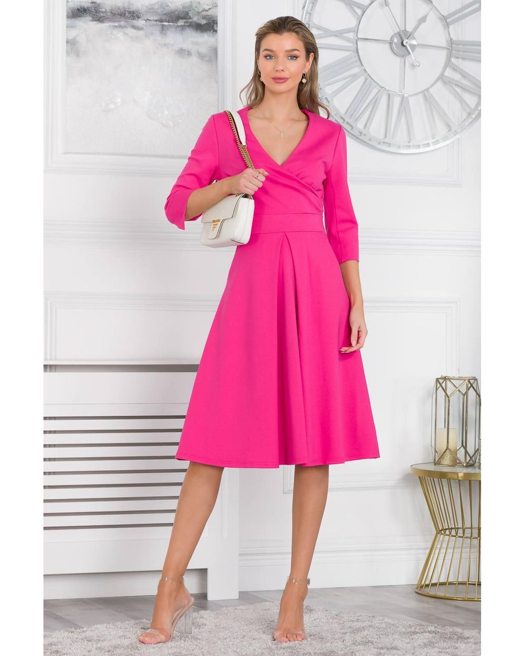 Jolie Moi Pink Paige 3/4 Sleeve Wrap Dress