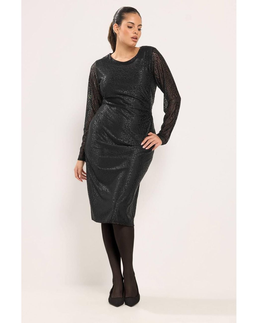 Yours Black Leopard Print Ruched Side Midi Dress