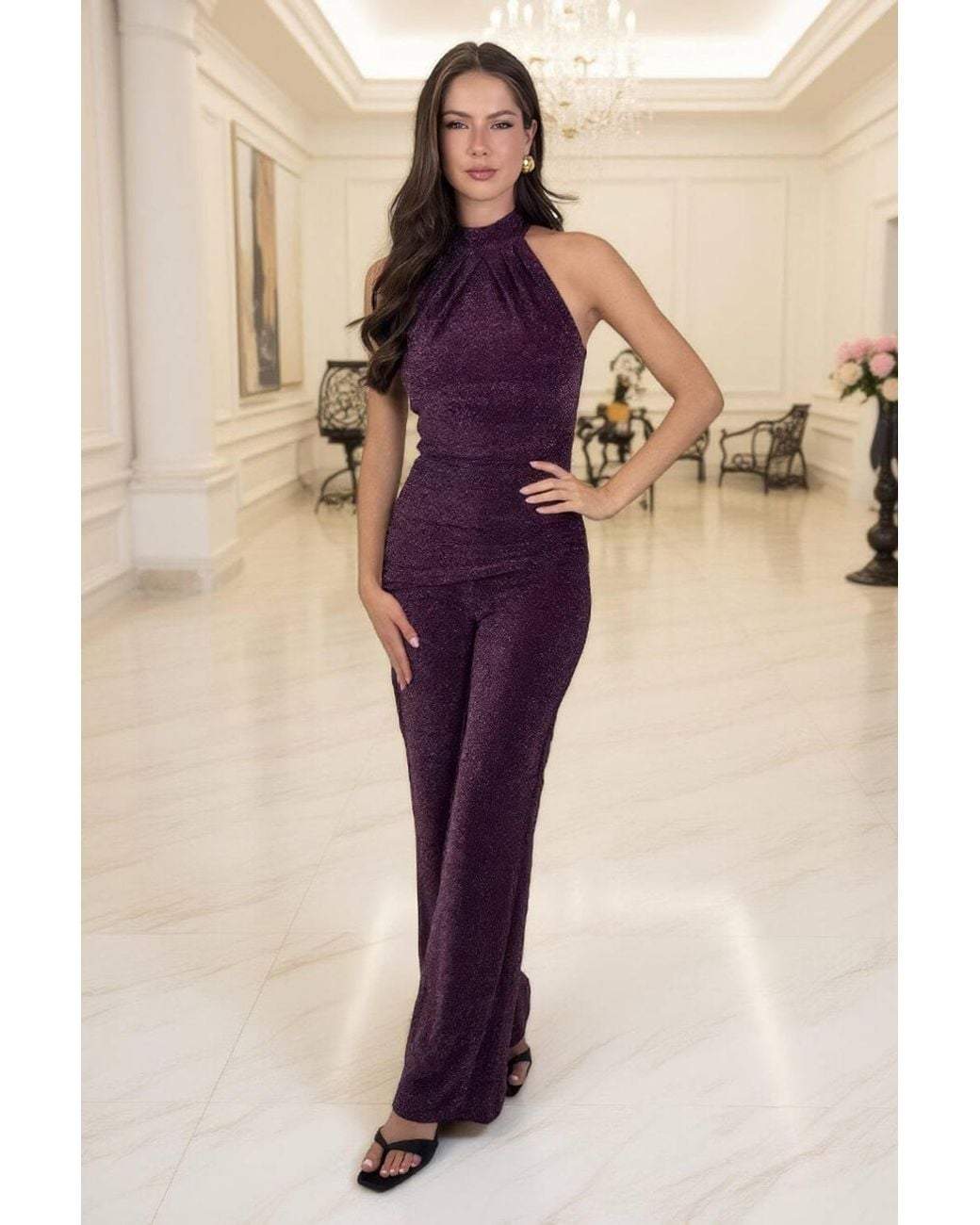 AX Paris Black Sparkle Halter Neck Draped Waist Jumpsuit