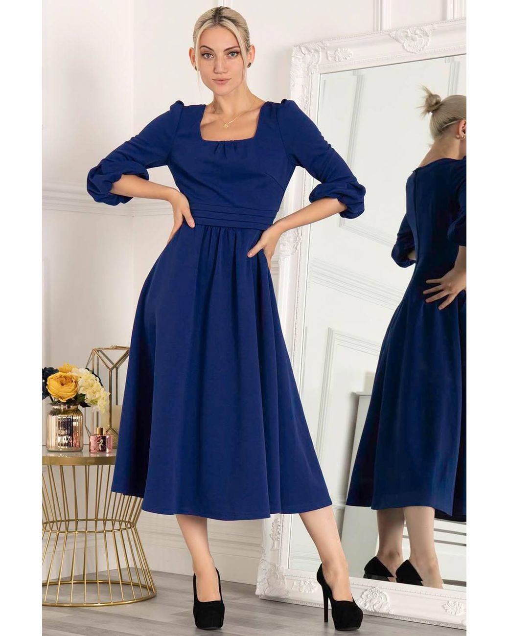 Jolie Moi Blue Bell Sleeve Flare Midi Dress