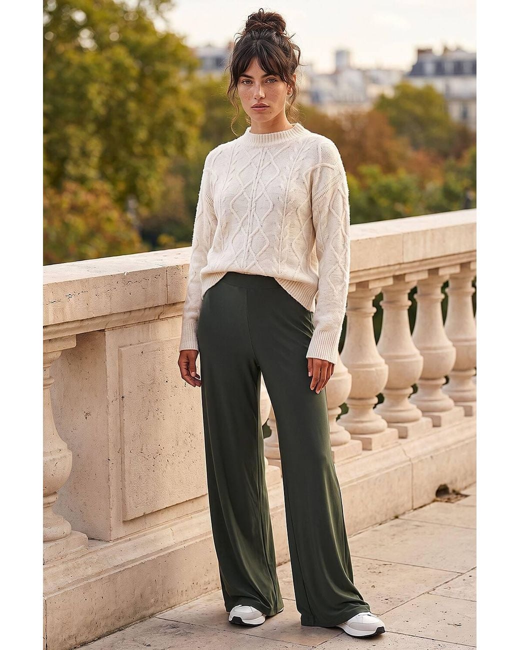 Roman Green Wide Leg Stretch Trousers