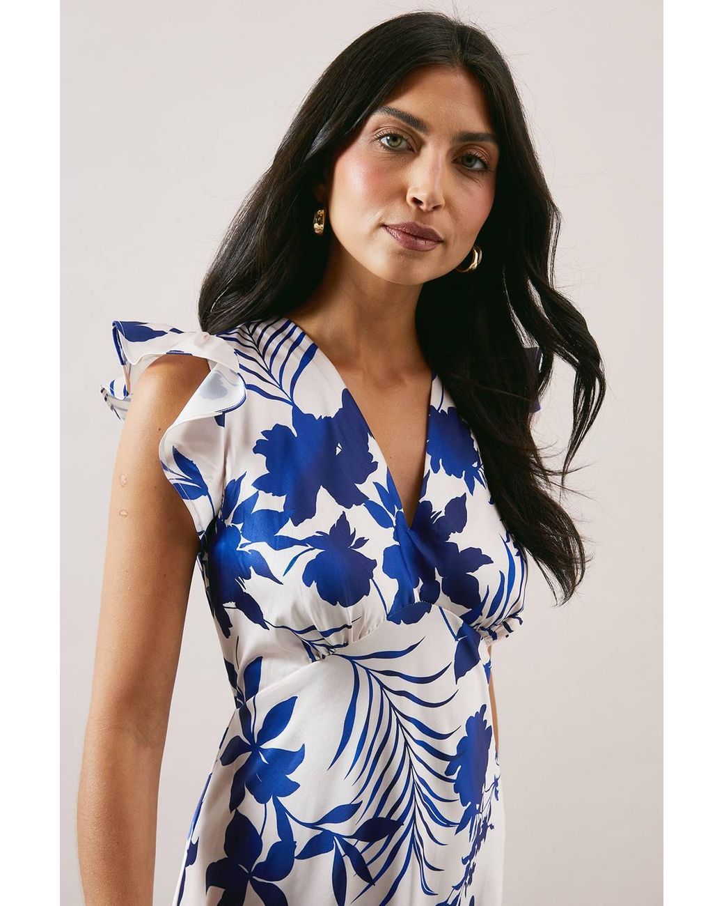Wallis Blue Floral Print Bias Cut Satin V Neck Dress
