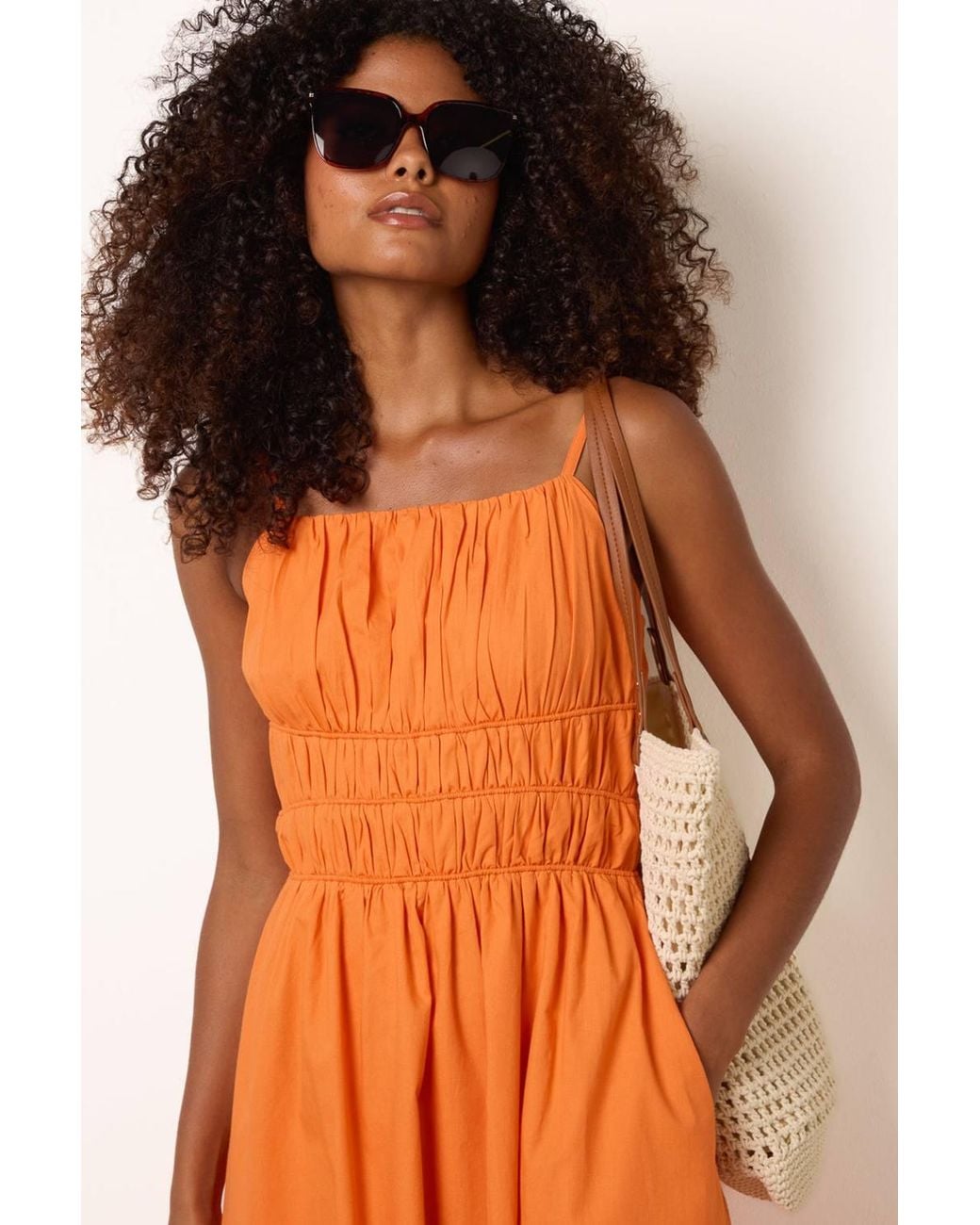 Blue Vanilla Orange Shirred Waist Sleeveless Square Midi Dress