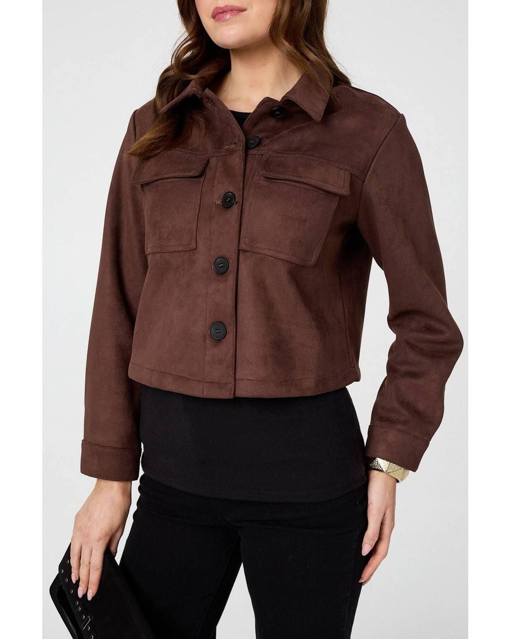 Izabel London Brown Faux Suede Cropped Boxy Jacket