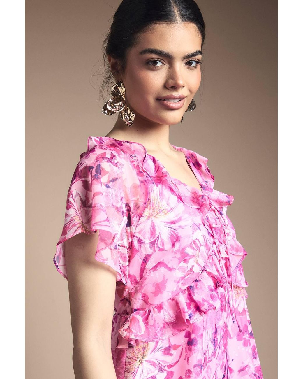 Wallis Pink Floral Ruffle Tie Front Maxi Dress