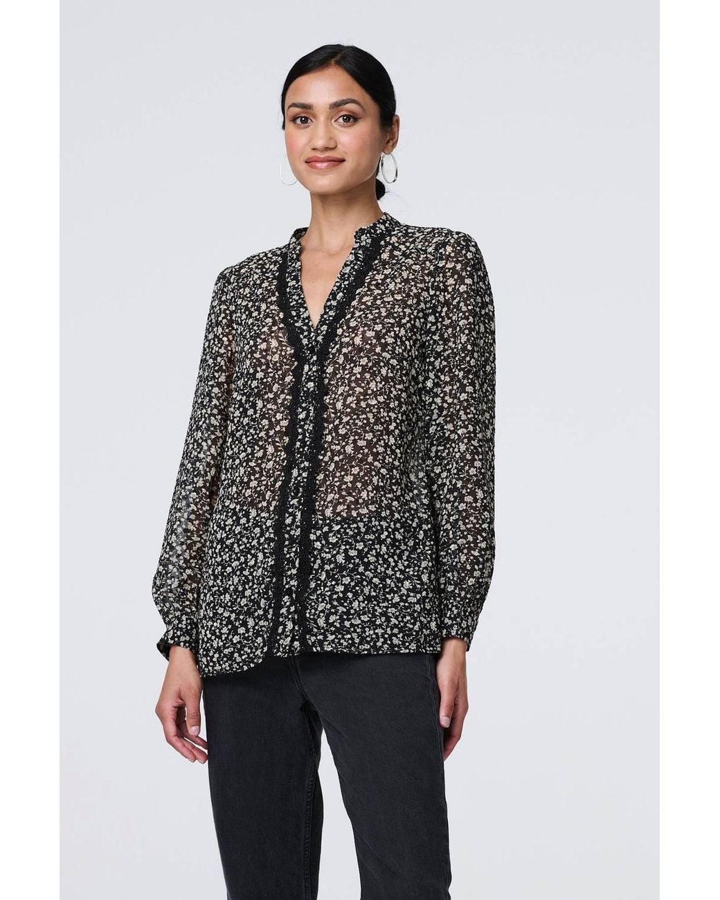 Izabel London Black Ditsy Floral Semi Sheer Long Sleeve Blouse