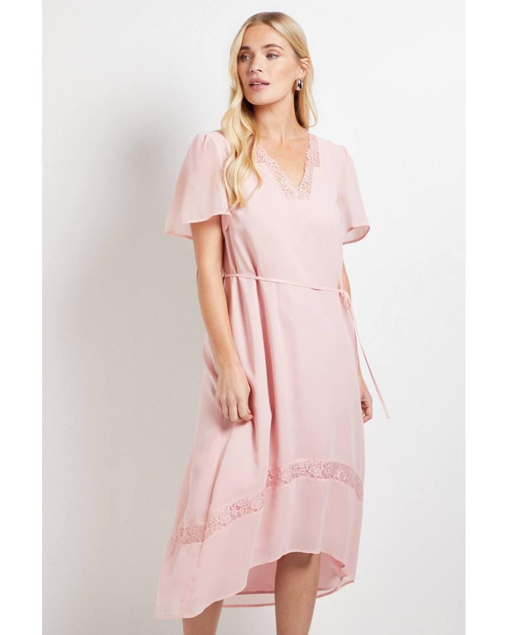 Wallis Pink Petite Chiffon Lace Insert Midi Dress
