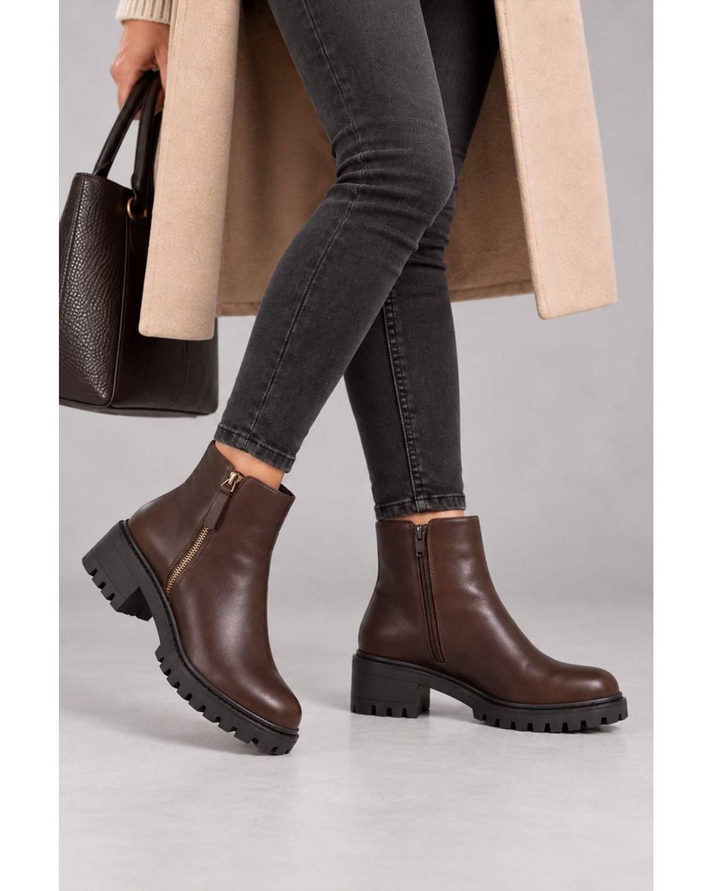 AJVANI Brown Low Heel Zip Chunky Ankle Boots