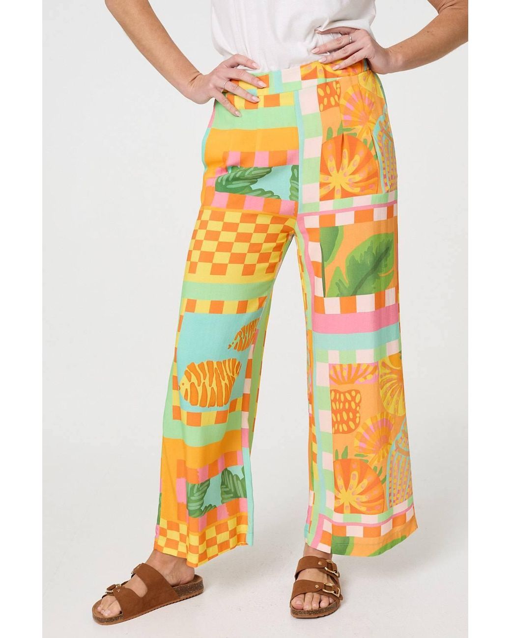 Izabel London Orange Tropical Tile Print Wide Leg Trousers