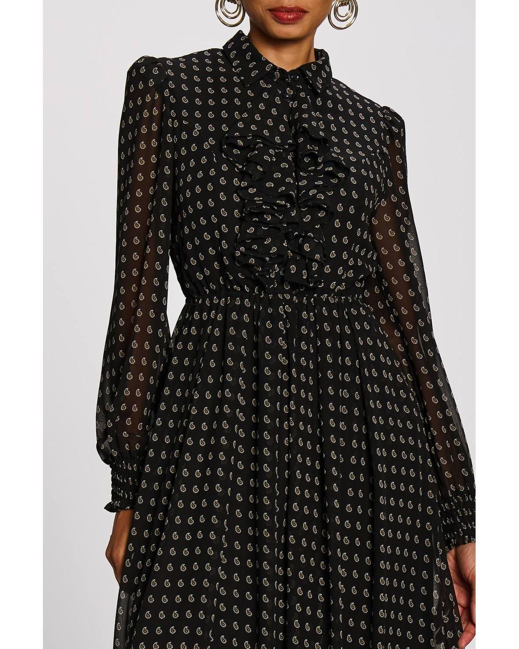 Jolie Moi Black Chiffon Print Ruffled Shirt Dress