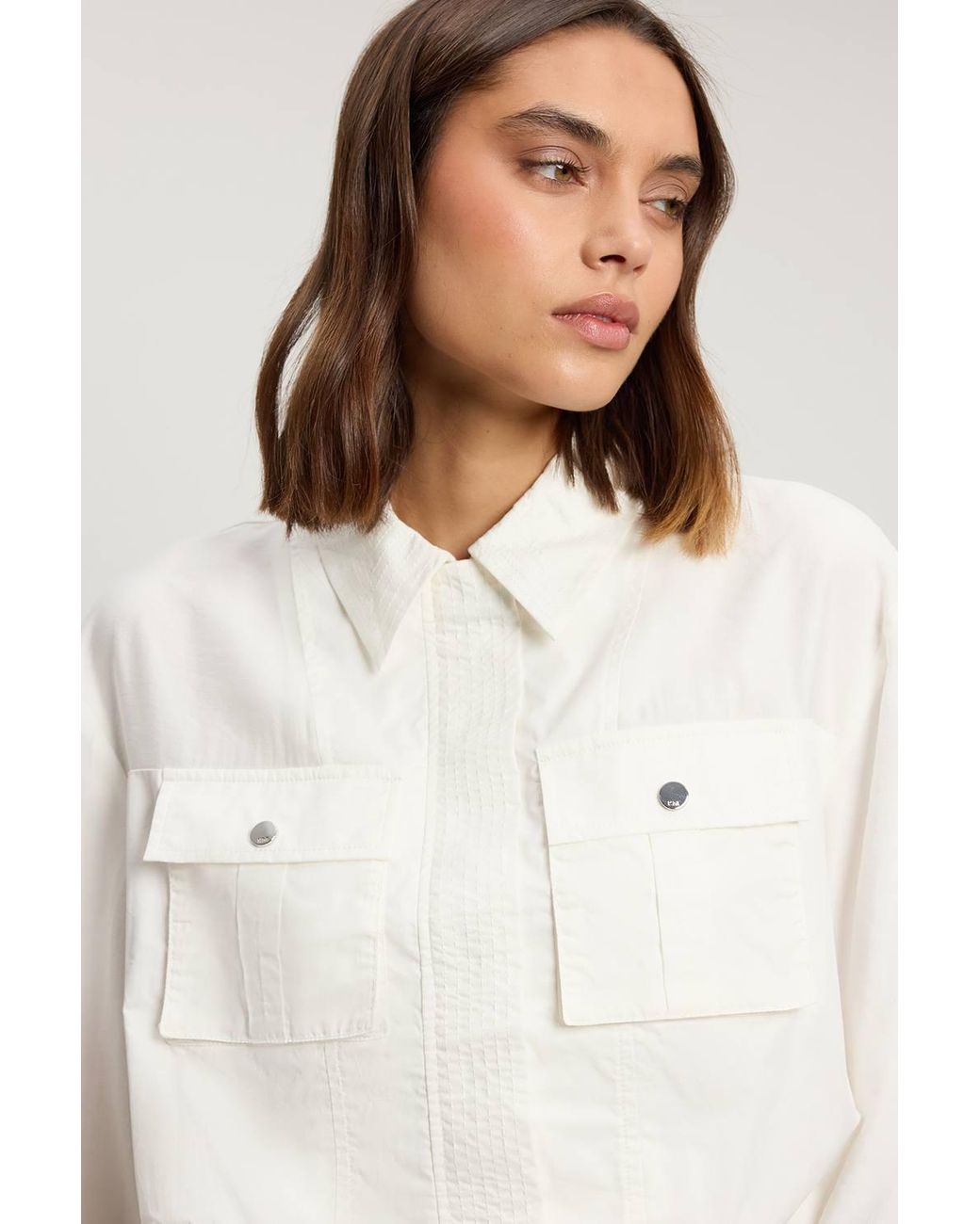 Karen Millen White Utility Organdie Cropped Pocket Detail Bomber Jacket