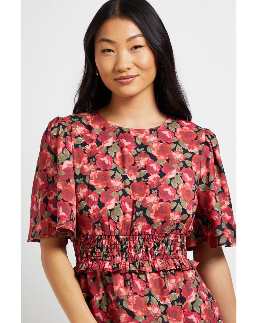 Dorothy Perkins Petite Floral Shirred Waist Angel Sleeve Tiered Maxi Dress