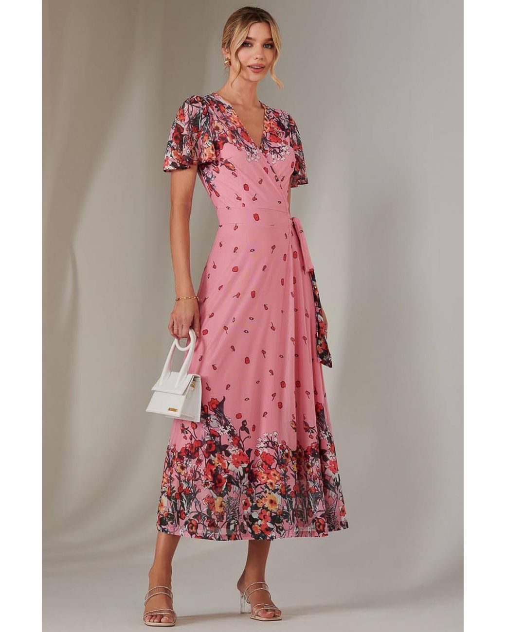 Jolie Moi Pink Mirror Print Mesh Wrap Maxi Dress