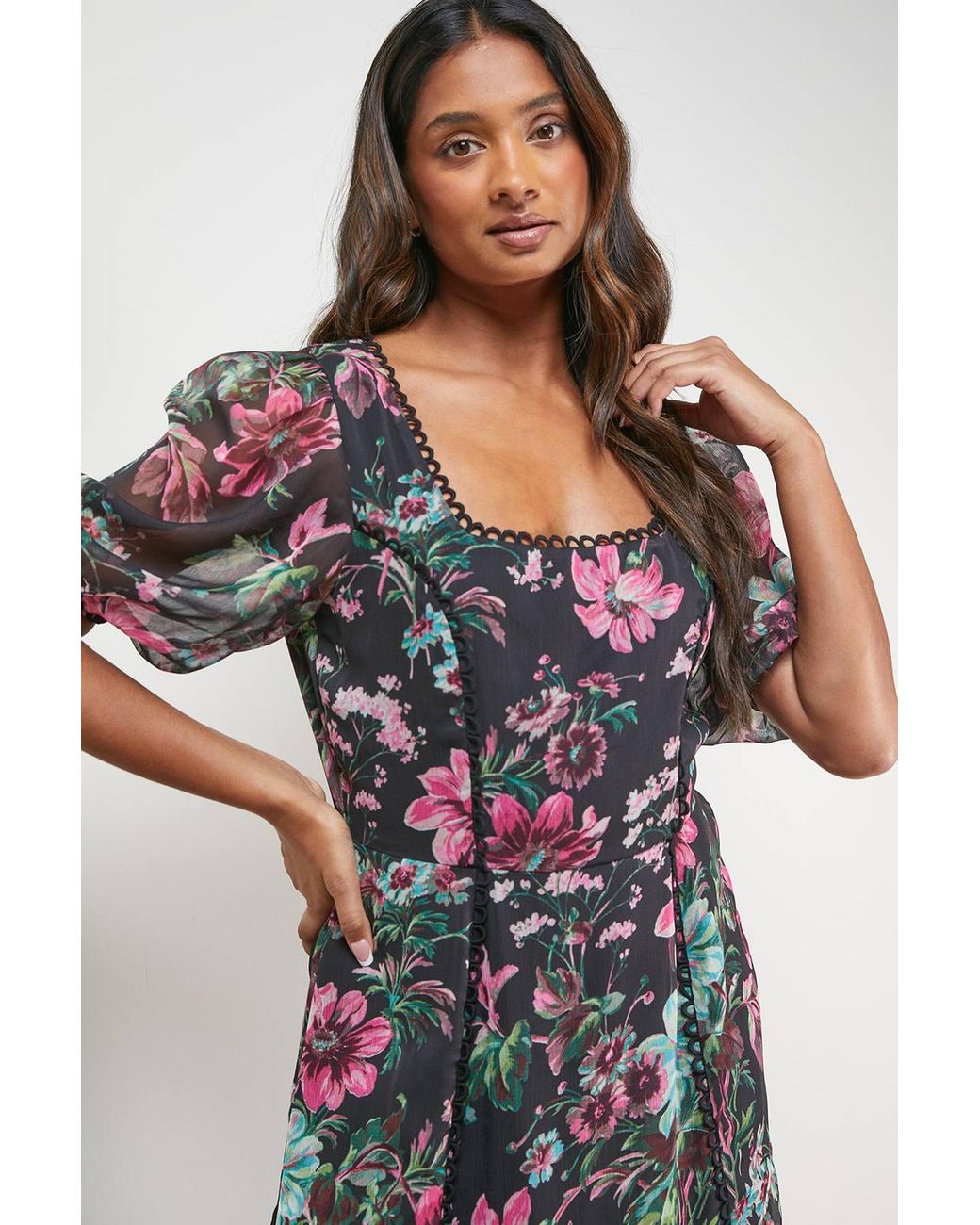 Oasis Multicolor Printed Square Neck Scallop Edge Puff Sleeve Midi Dress