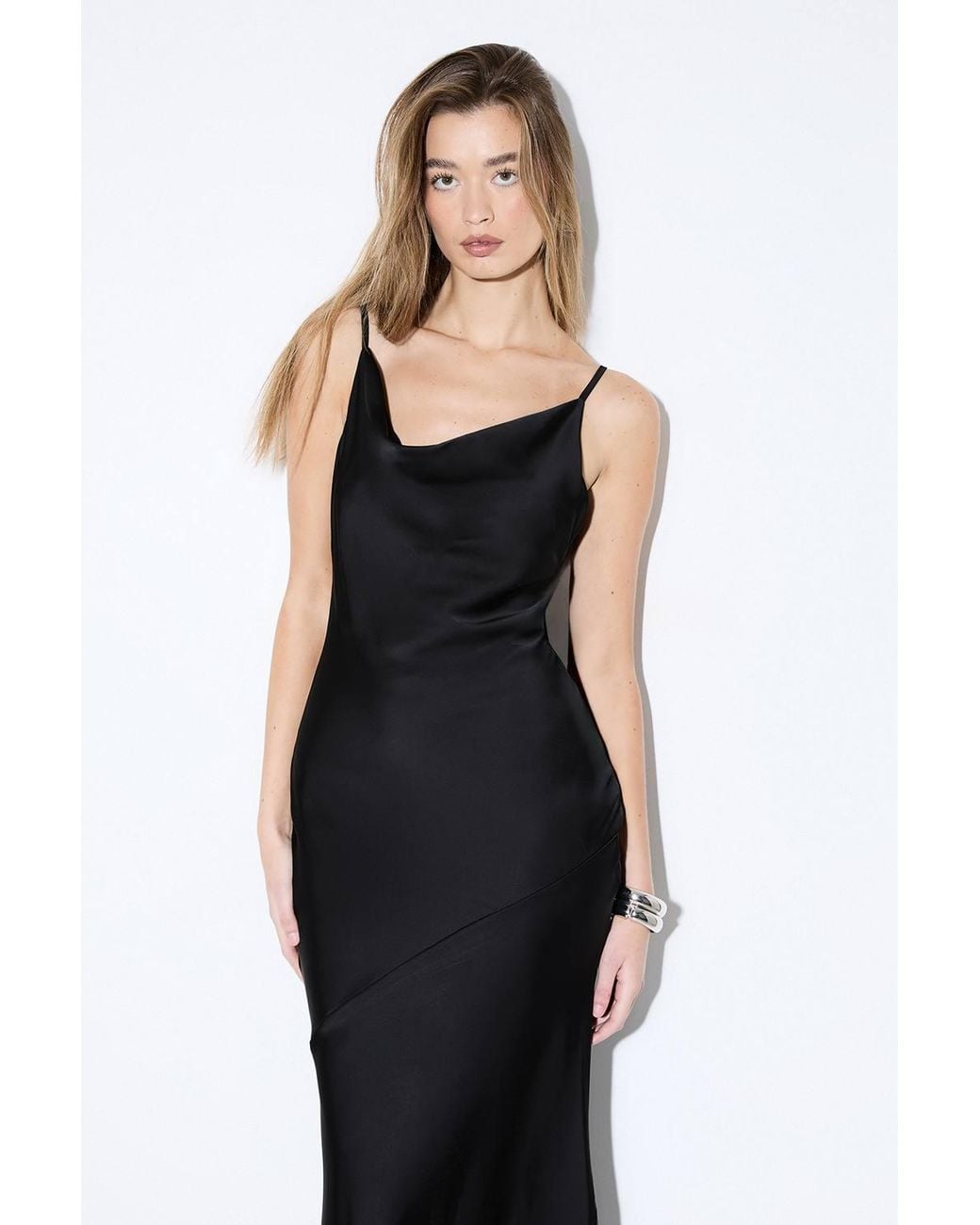 MissPap Black Premium Satin Bow Back Bias Cut Dress