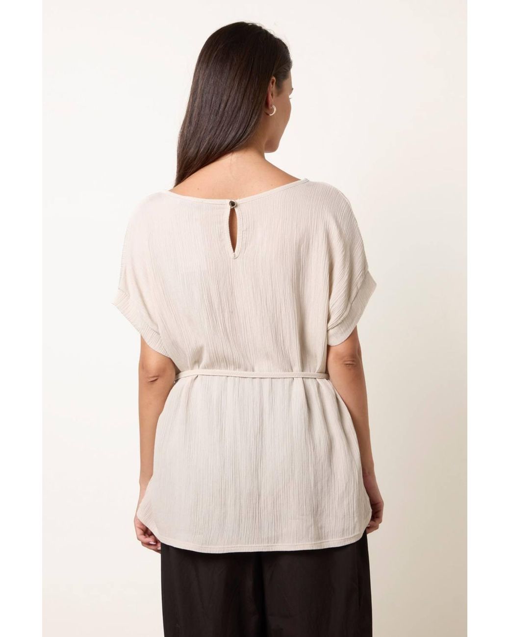Blue Vanilla Natural Short Sleeve Belted Round Neck Top