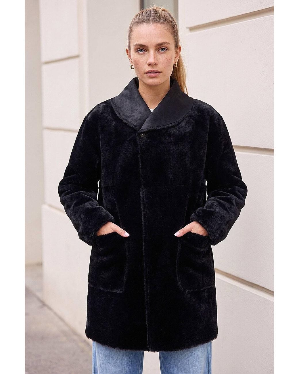 Roman Blue Shawl Bonded Faux Fur Coat