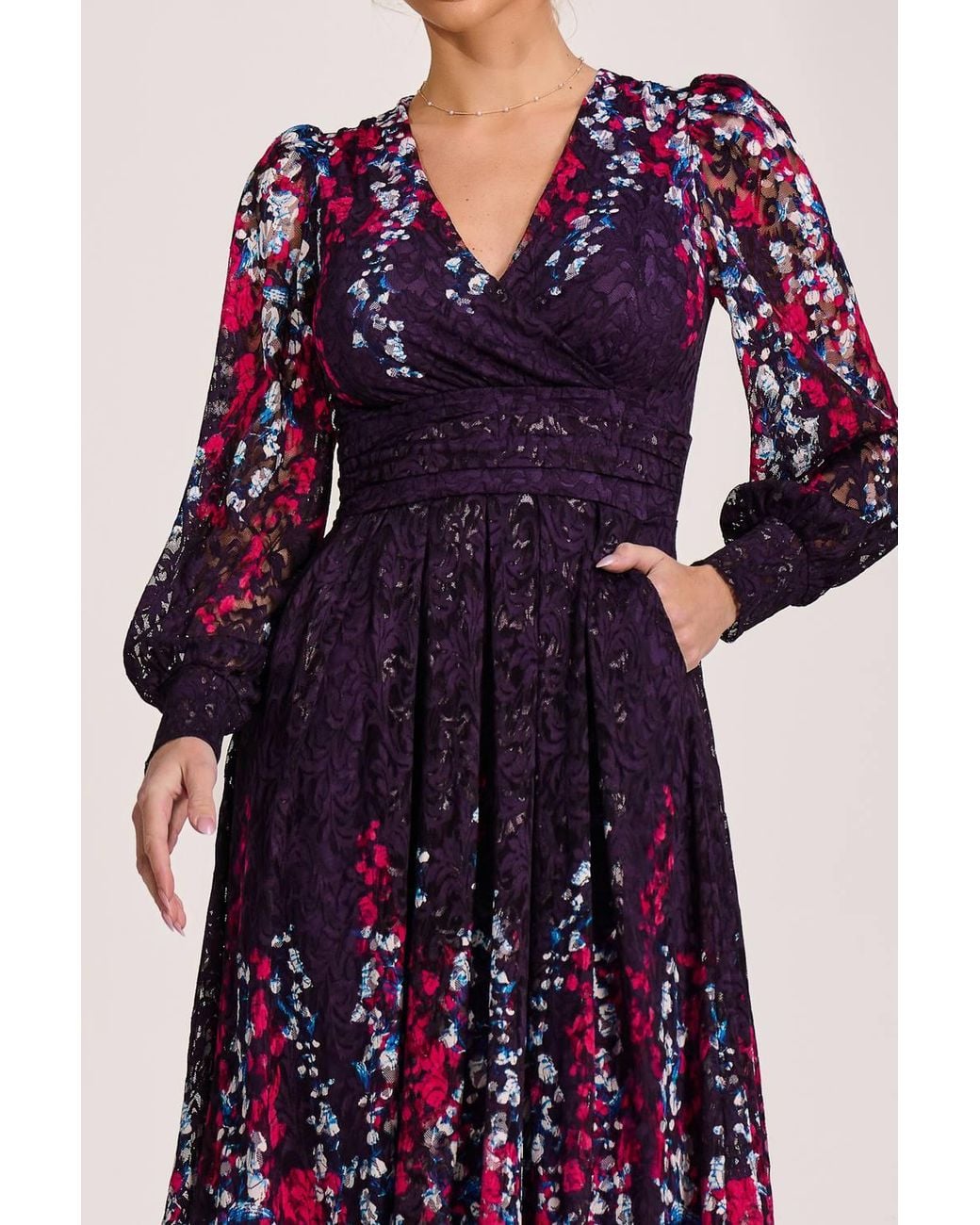 Jolie Moi Purple Long Sleeve Printed Lace Midi Dress