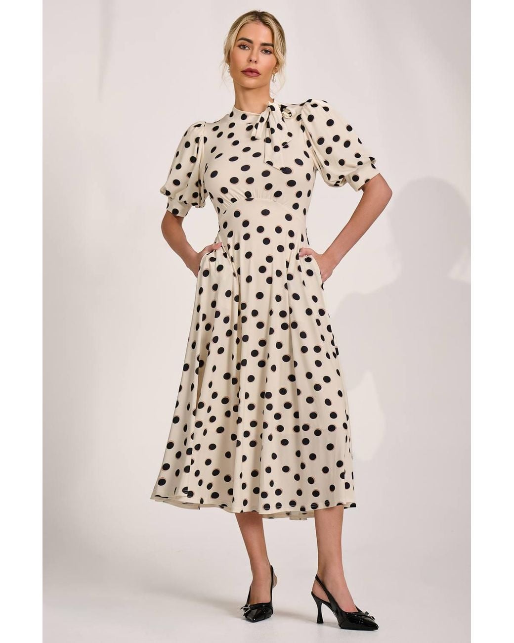 Jolie Moi Natural Tie Neck Puffy Sleeve Jersey Midi Dress