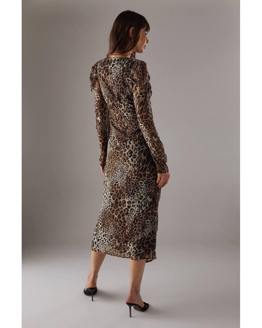 Warehouse Brown Animal Chiffon Ruched Plunge Button Front Midi Dress