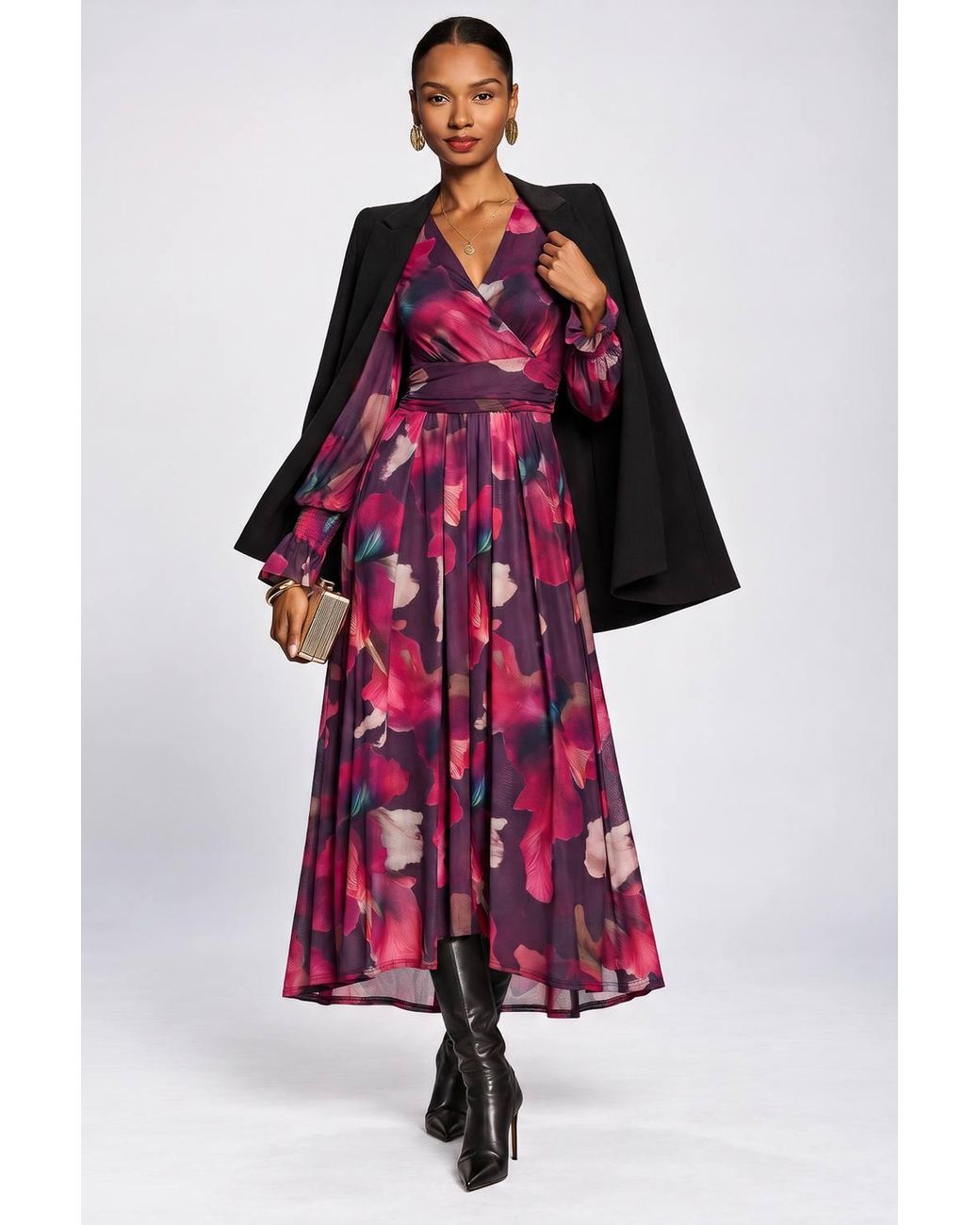 Jolie Moi Red Long Sleeve V Neck Mesh Maxi Dress