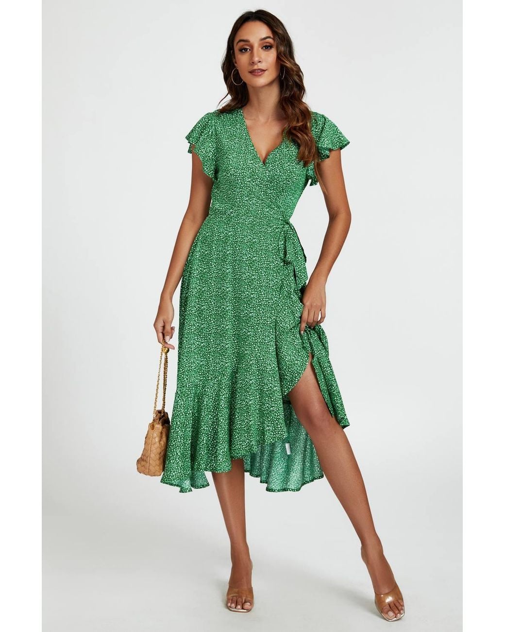 FS Collection Green Floral Frill Sleeve Midi Wrap Dress
