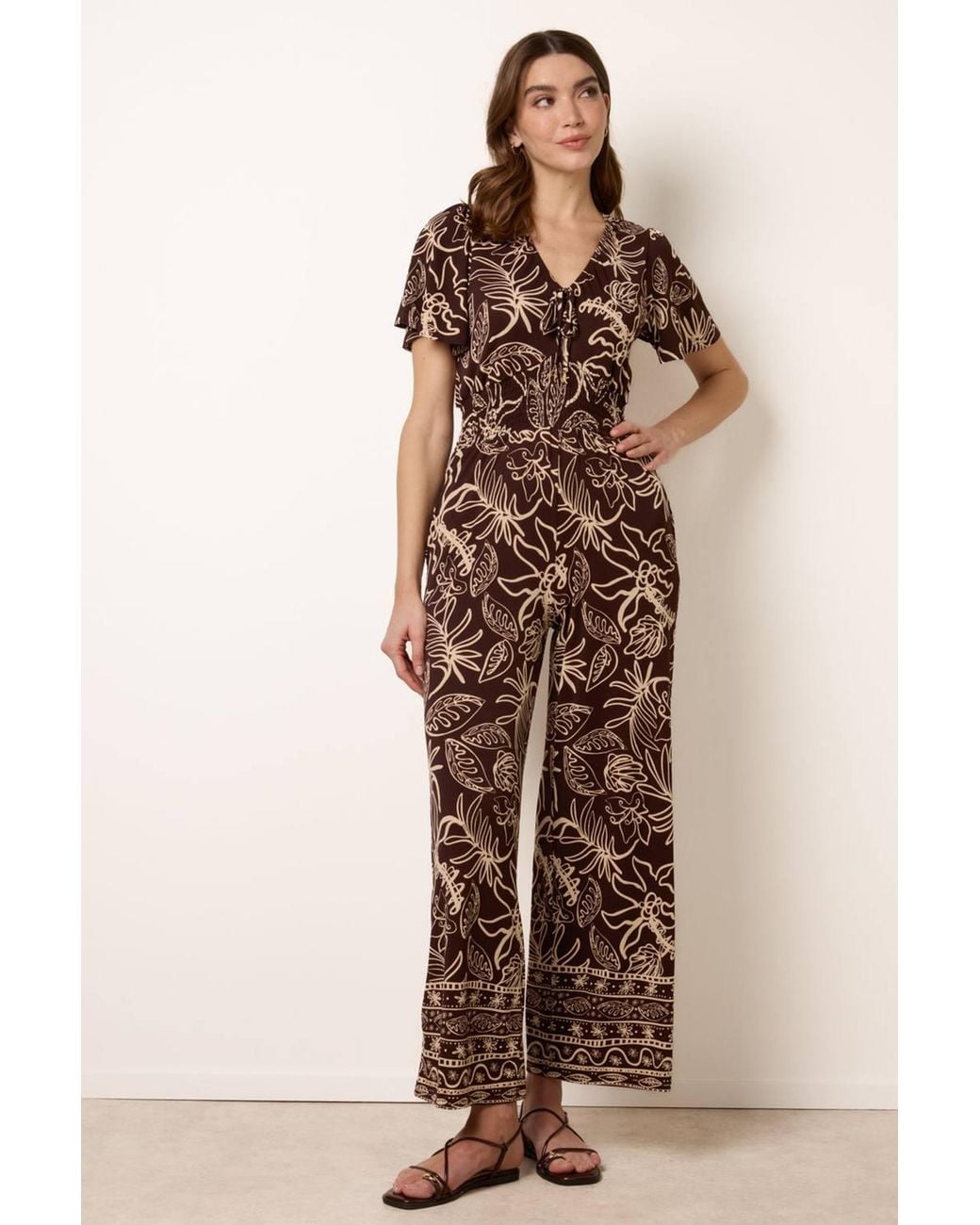Blue Vanilla Natural Tropical Print Shirred Waist Elasticated V-Neck Jumpsuit