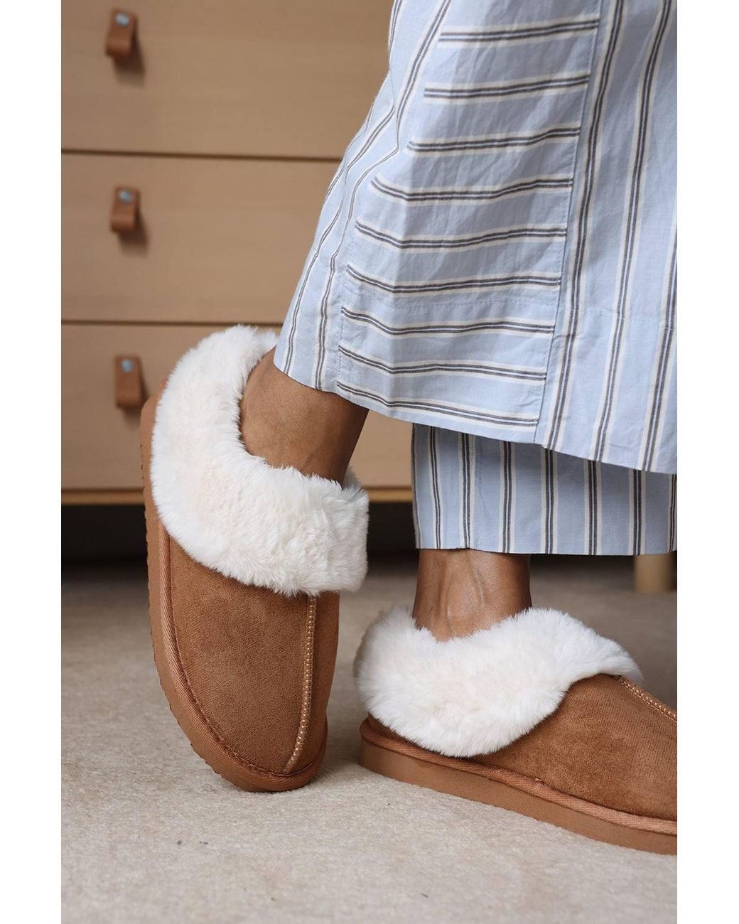 Where's That From Blue 'Qelora' Faux Suede Mule Slippers W/ Faux Fur Collar Trim