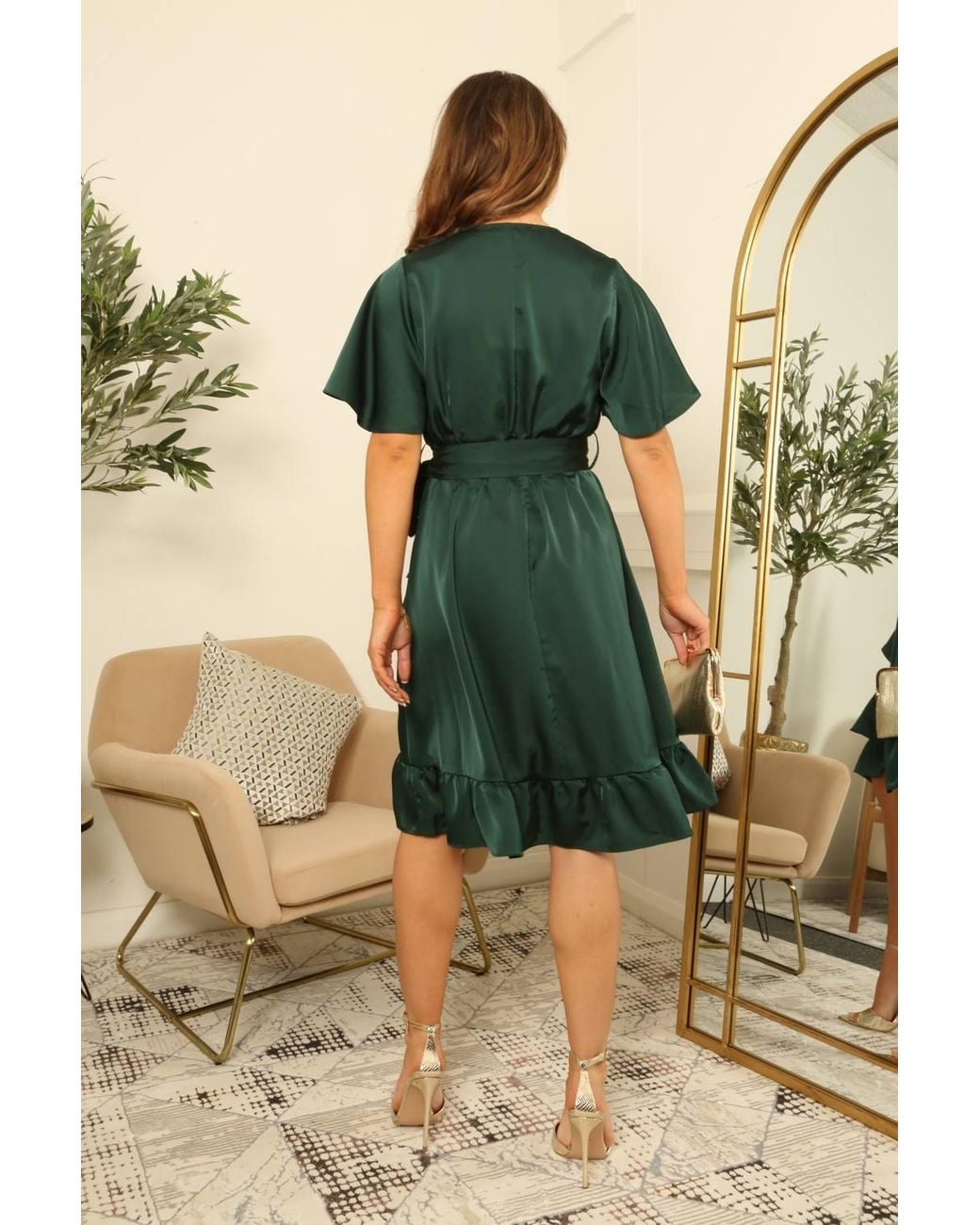 Double Second Green Frill Wrap Dress W/ Tea Sleeve
