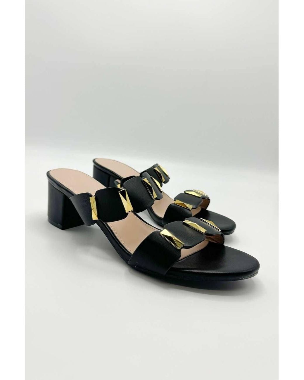 Miss Diva Black Kolee Stud Detail Block Heel Mules